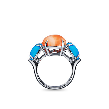 Кольцо с кораллом и бирюзой